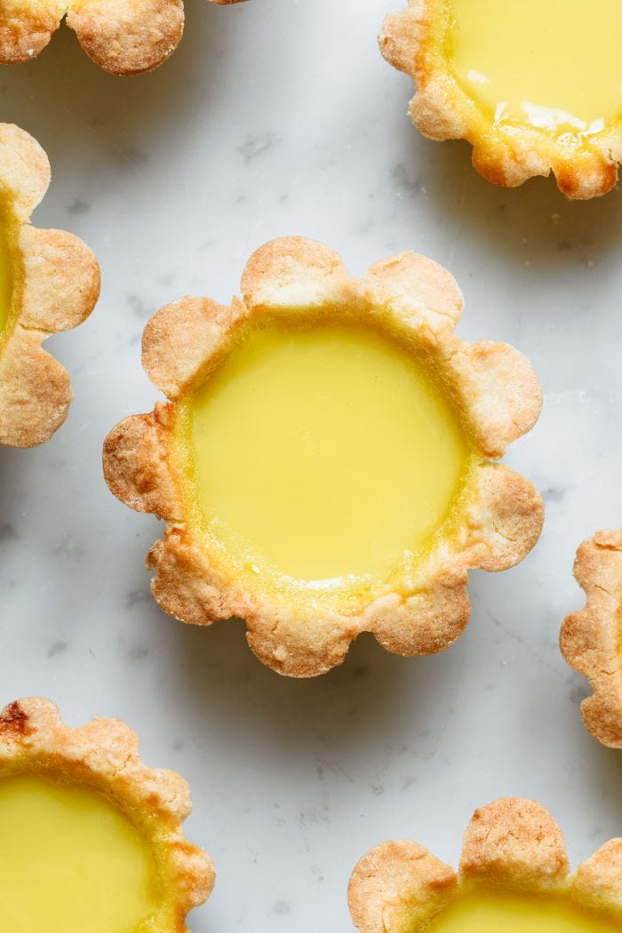 close-up overhead view of one egg tart