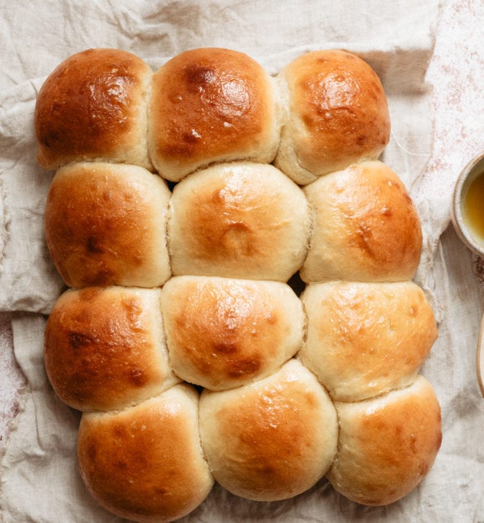 overhead photo of honey bread rolls
