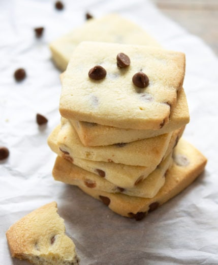 photo of a stack of chocolate chip shortbread