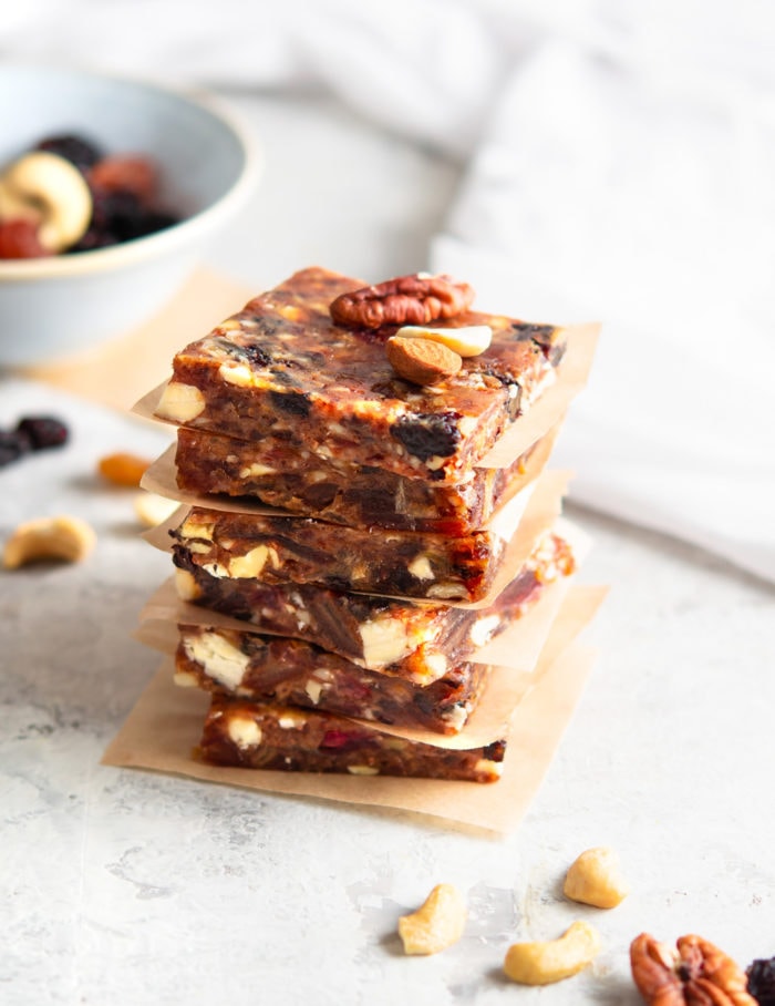 energy bars with dried fruits and nuts bowl