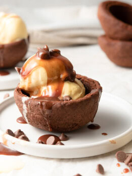 photo of chocolate cookie bowls filled with ice cream
