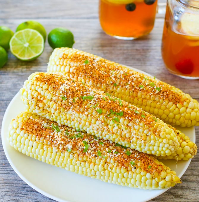 overhead photo of a plate of Mexican-Style Grilled Corn