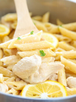 close-up photo of lemon chicken pasta