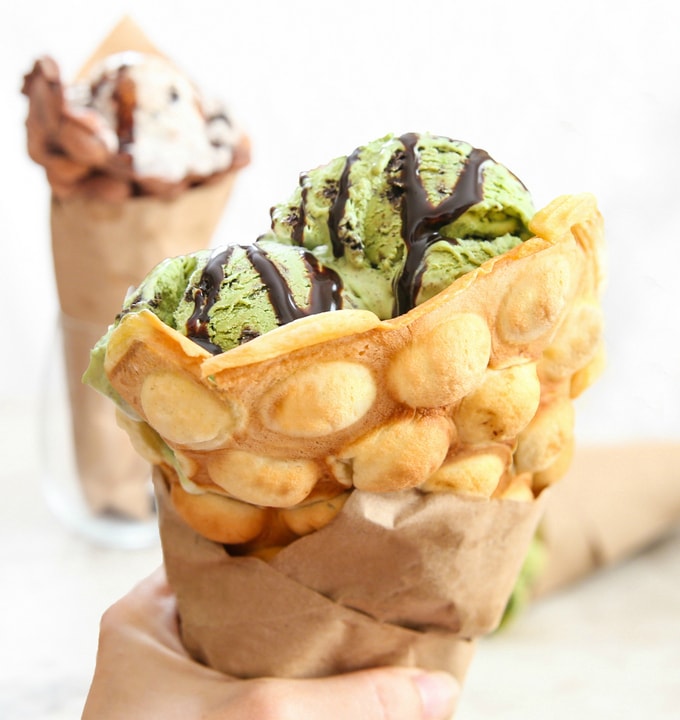 photo of egg waffle cone filled with ice cream