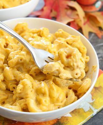 photo of a bowl of pumpkin macaroni and cheese