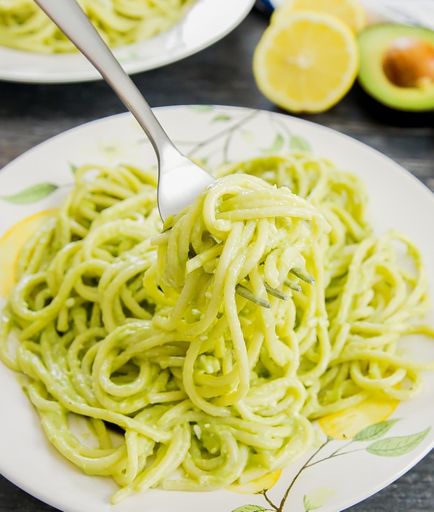 close-up photo of a forkful of avocado pasta