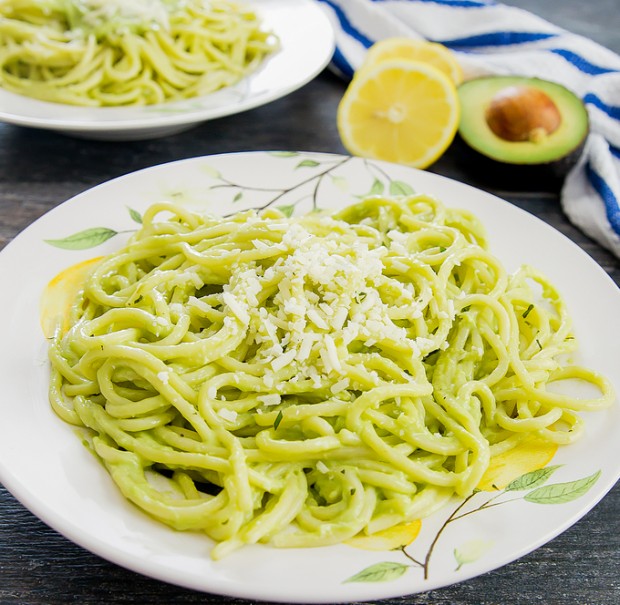 photo of creamy avocado pasta on a white plate