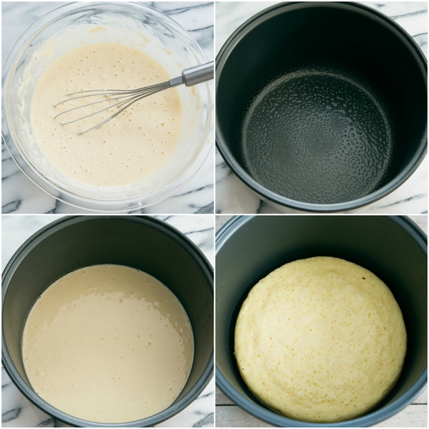 photo collage showing how to make the rice cooker pancake