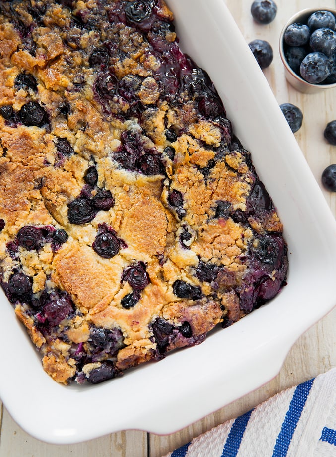 overhead photo of Blueberry Cobbler Dump Cake in a baking dish