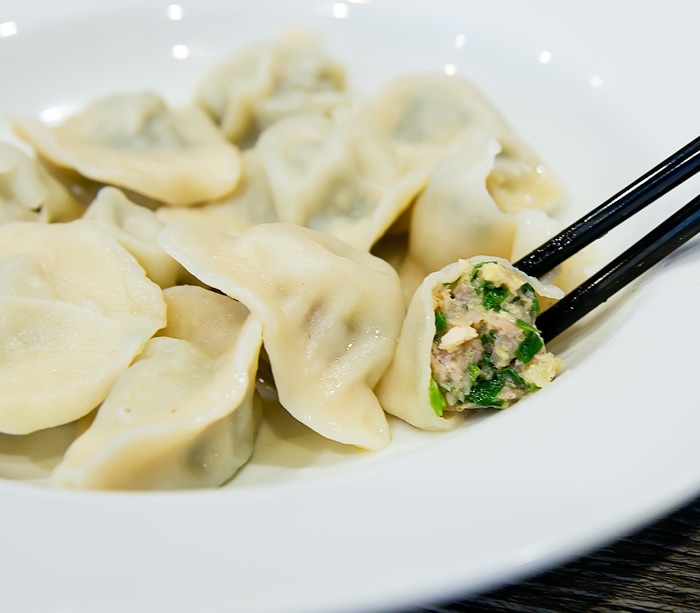 close-up photo of Steamed Pork and Shrimp Gyoza