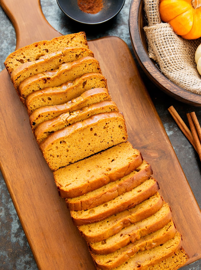 overhead photo of slices of Flourless Pumpkin Bread