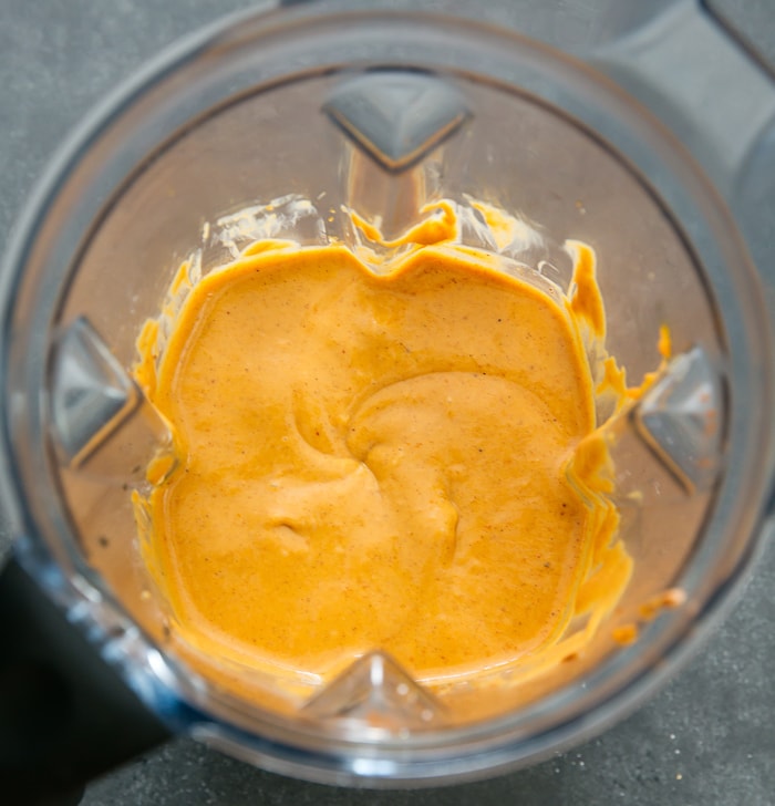 overhead photo of the batter in a blender