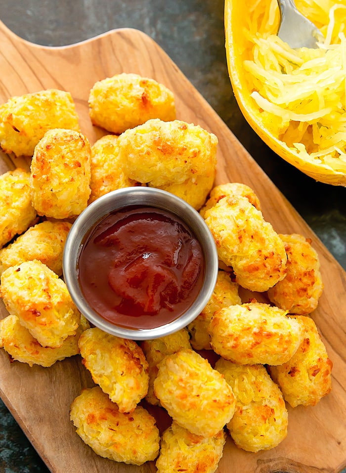 overhead photo Spaghetti Squash Tater Tots with dipping sauce