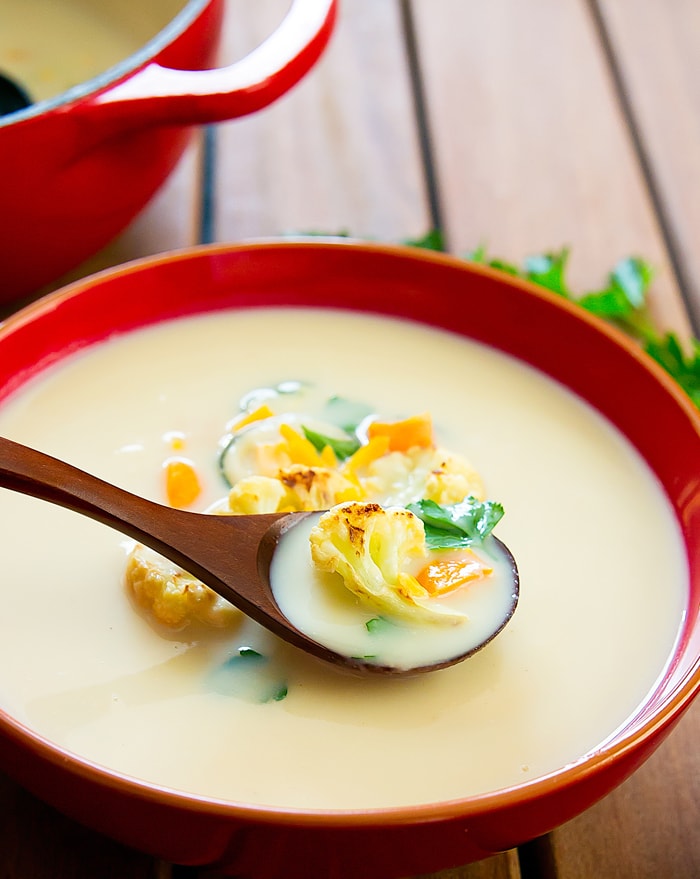 close-up photo of a bowl of Creamy Cauliflower Soup