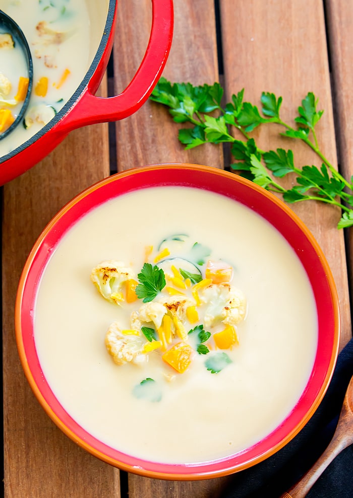 overhead photo of a bowl of Creamy Cauliflower Soup