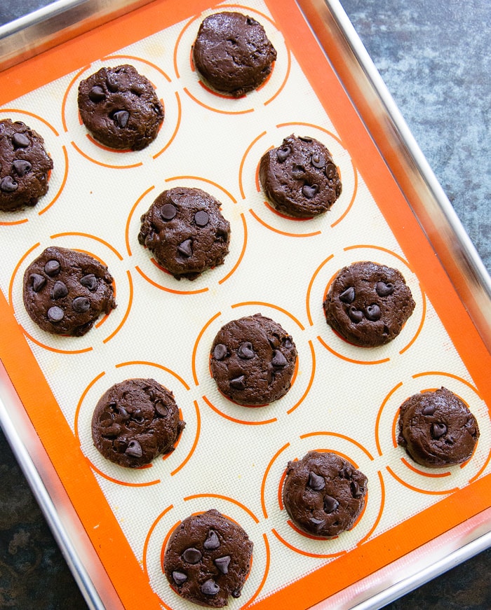 overhead photo of flourless nutella cookies on a baking sheet