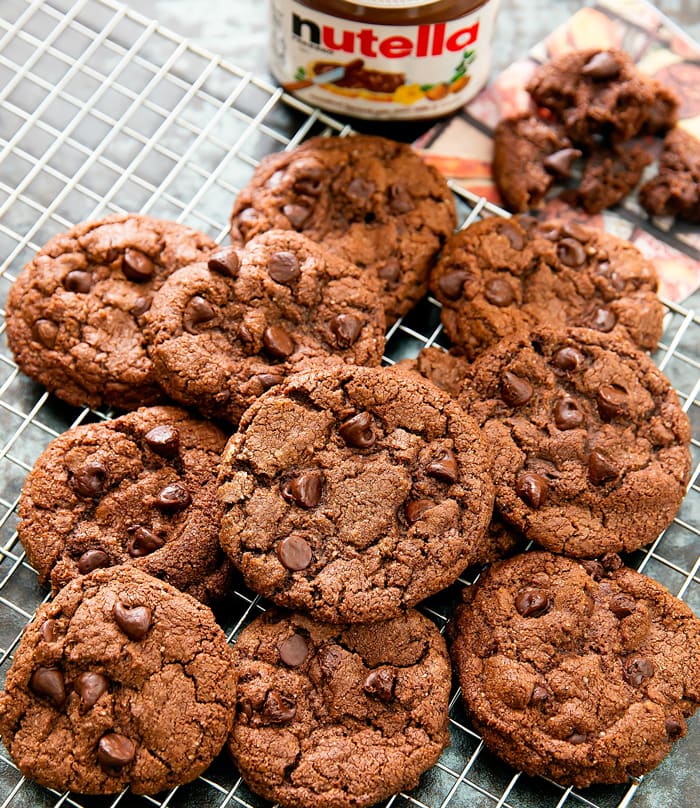 overhead photo of 4 Ingredient Flourless Nutella Cookies on a baking rack