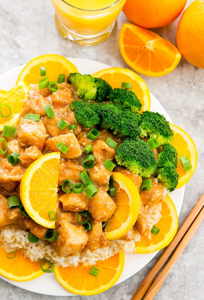 overhead photo of a plate of orange chicken