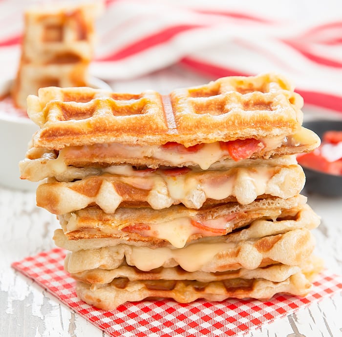 close-up photo of Waffled Pepperoni Pizza Grilled Cheese