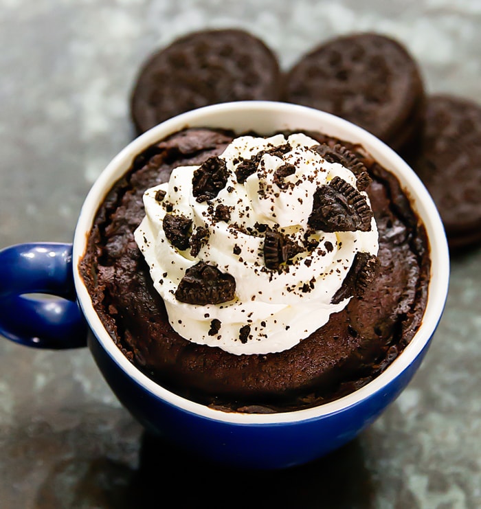 close-up photo of Chocolate Cookies and Cream Mug Cake