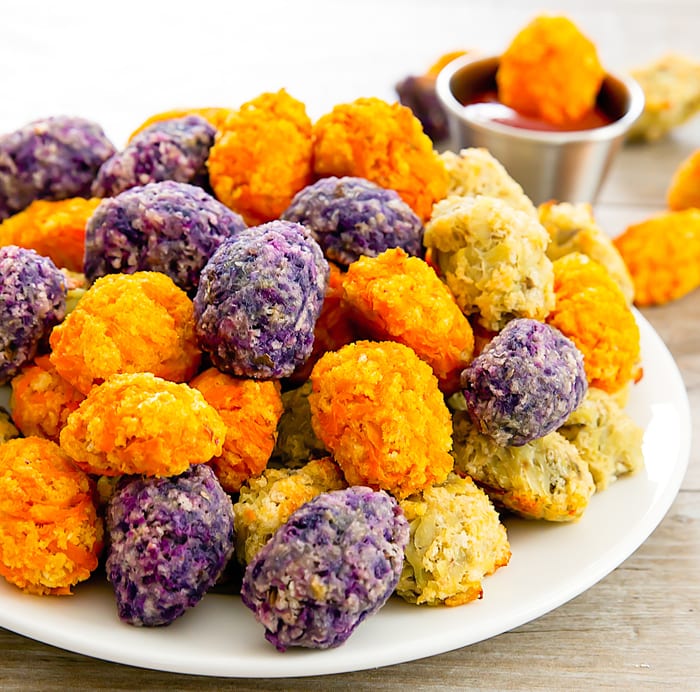 close-up photo of Sweet Potato Tots on a white plate