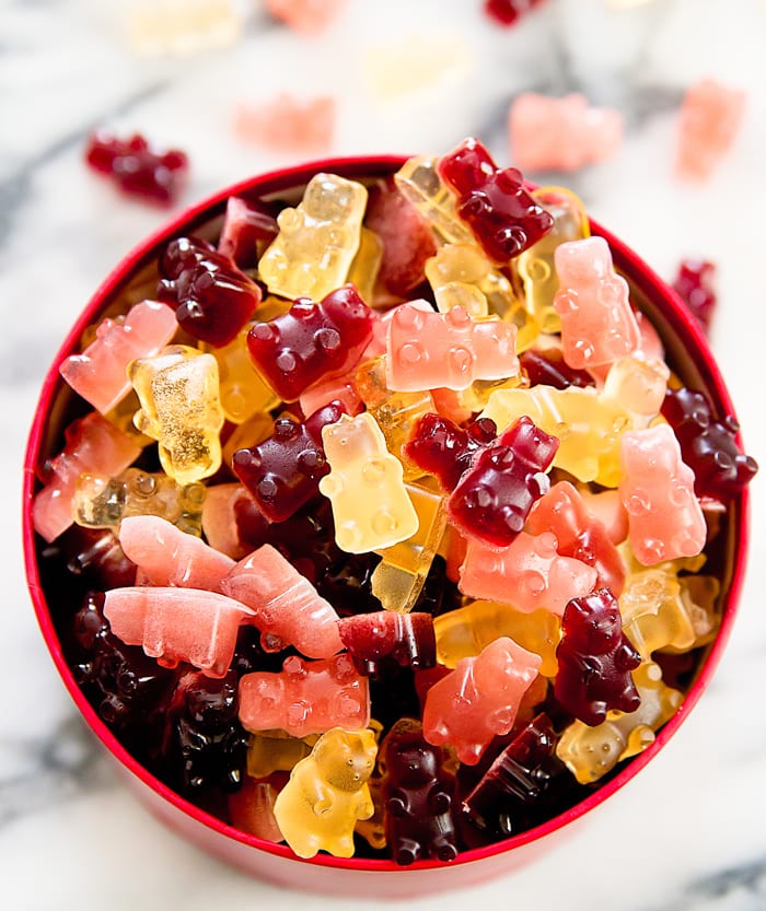 a top-down photo of a bowl of wine gummy bears