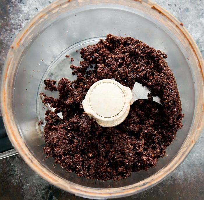 photo of cacao brownie mixture in a food processor