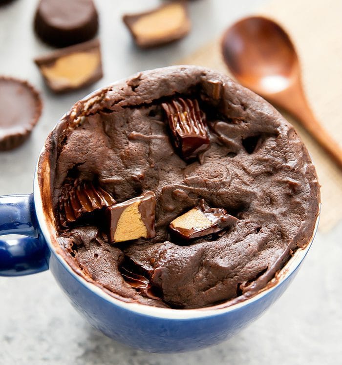 overhead photo of Chocolate Peanut Butter Cup Mug Cake