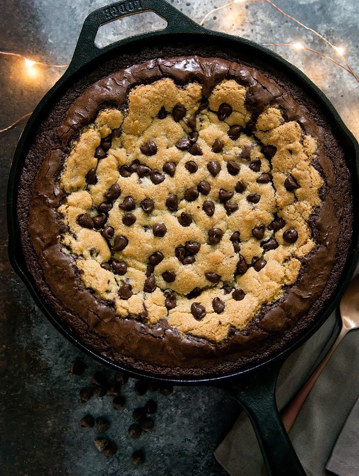 overhead photo of Deep Dish Chocolate Chip Cookie Skillet Brownie