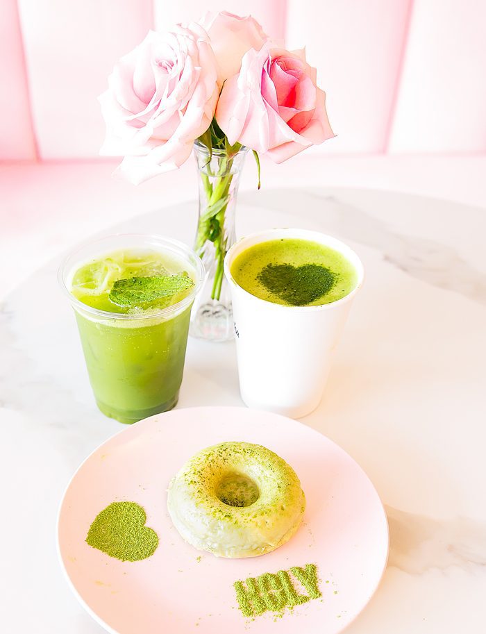 photo of drinks and a doughnut served at Holy Matcha