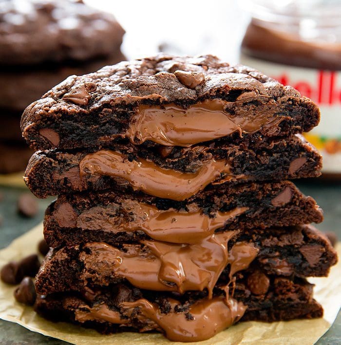 close-up photo of a stack of Chocolate Nutella Lava Cookies