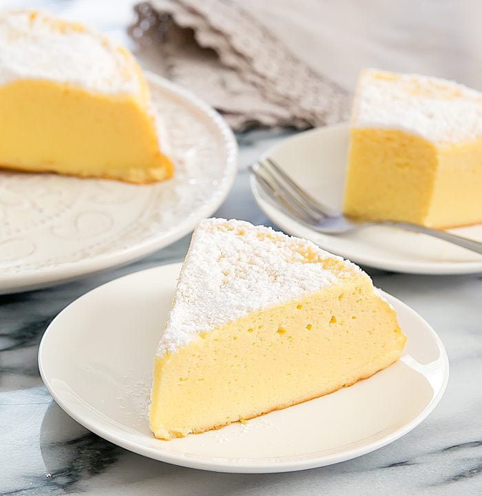photo of a slice of Three Ingredient Japanese Cheesecake on a plate