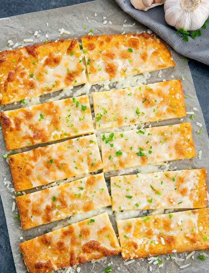 overhead photo of sliced Flourless Cheesy Breadsticks