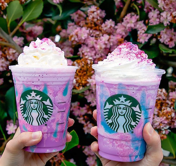 photo of two Starbucks Unicorn Frappuccino