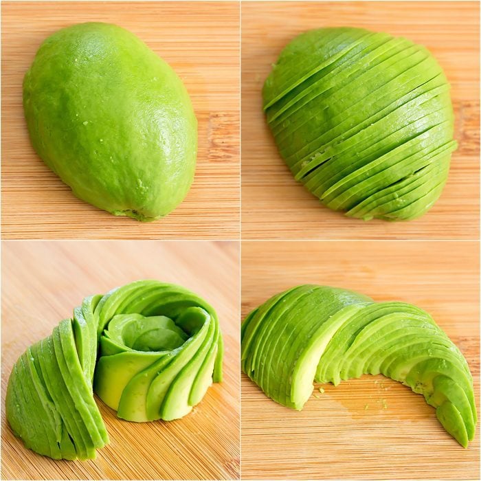 a photo collage showing how to slice an avocado to make a rose