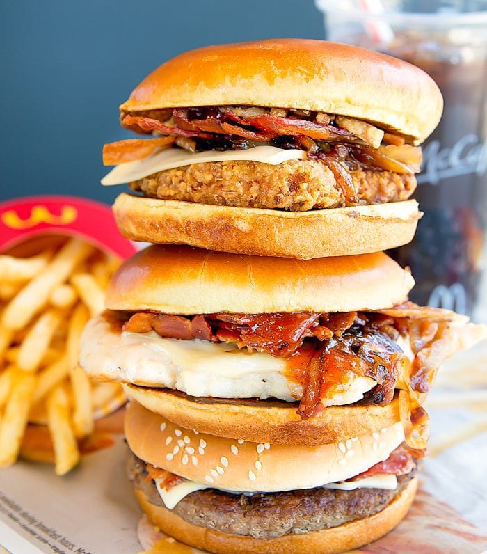 photo of a stack of McDonald's Sweet BBQ Bacon Sandwiches