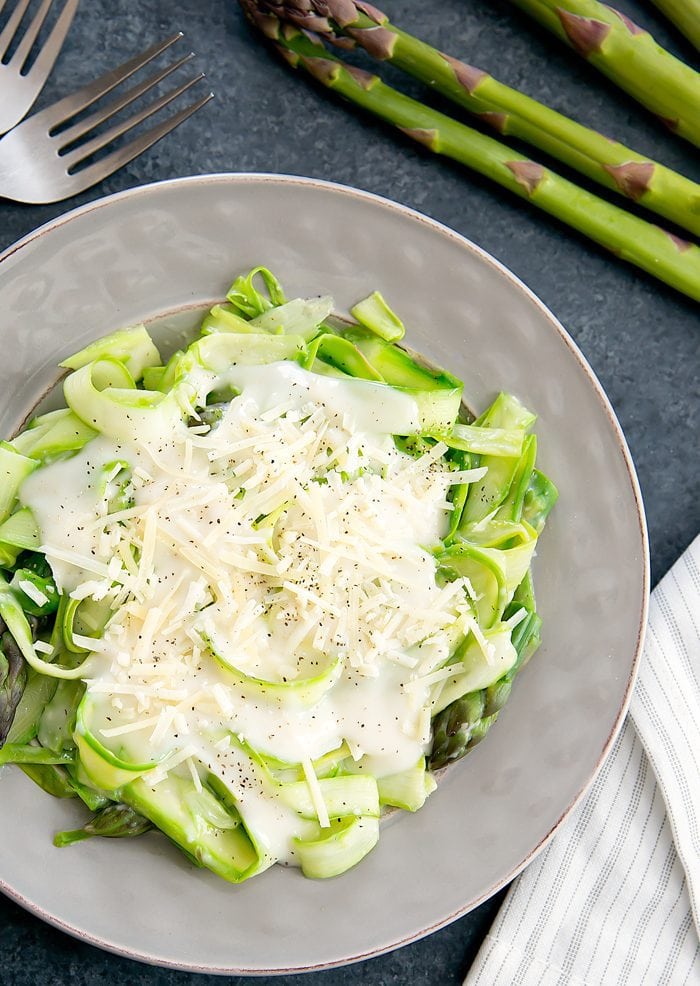 overhead photo of Asparagus Noodles with Garlic Cream Sauce