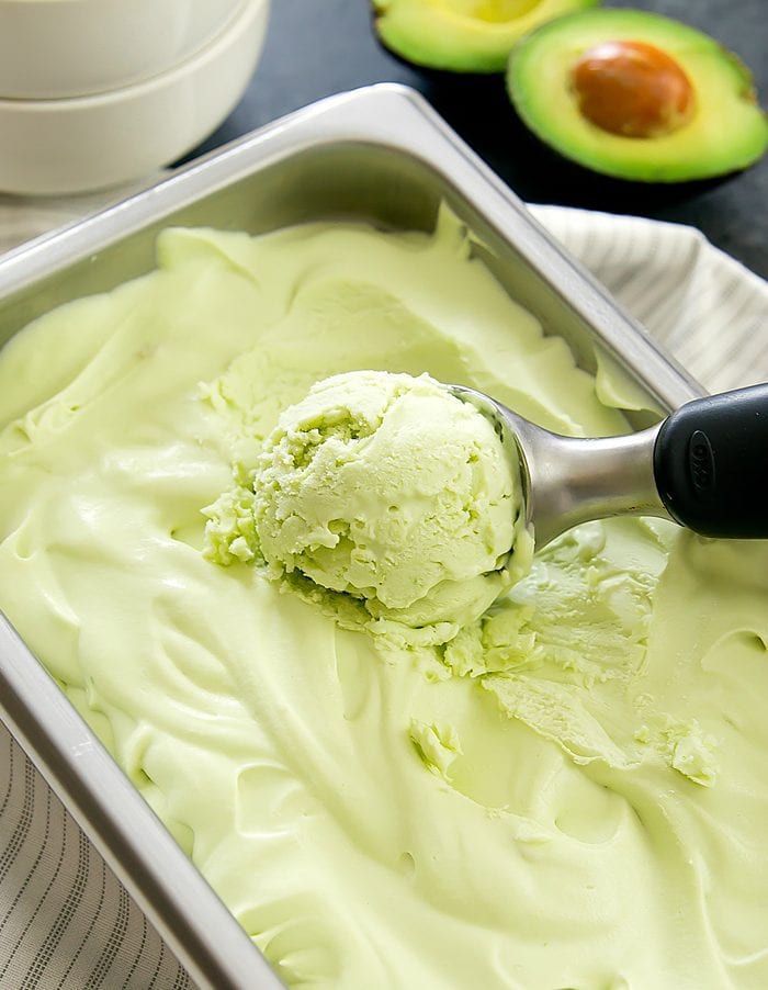 photo of an ice cream scoop with avocado ice cream