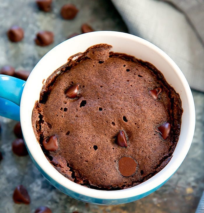overhead photo of 3 Ingredient Chocolate Cake Mix Mug Cake