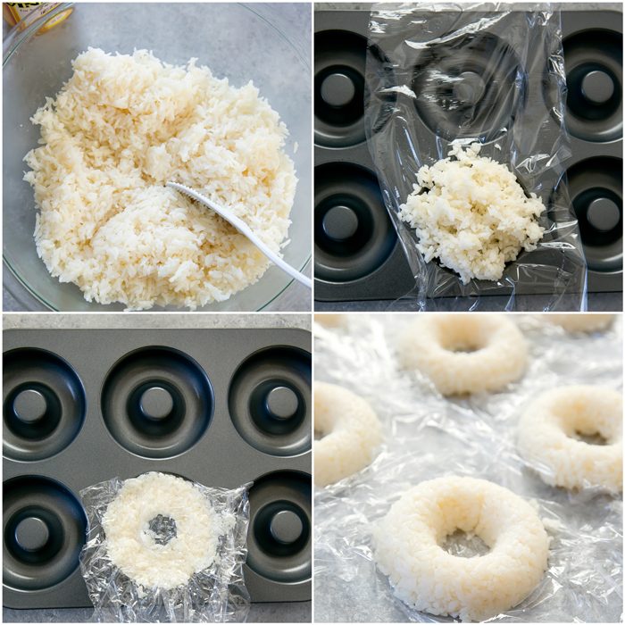 photo collage showing step by step proces to make the rice donuts