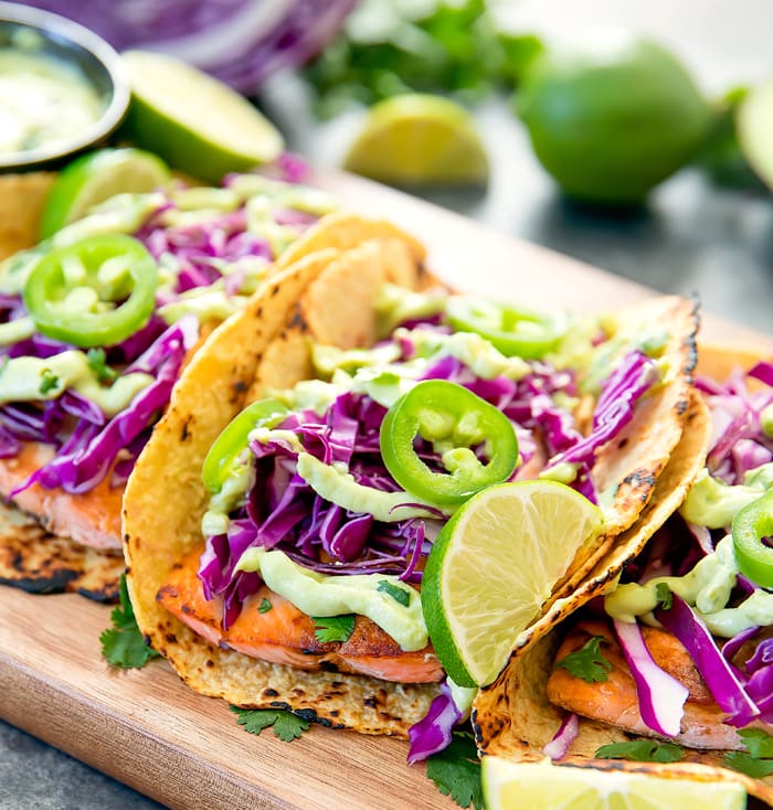 Salmon Fish Tacos with Avocado Crema Kirbie's Cravings