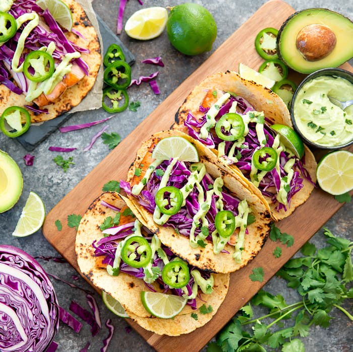 Salmon Fish Tacos with Avocado Crema - Kirbie's Cravings