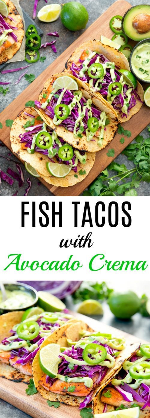 Salmon Fish Tacos with Avocado Crema - Kirbie's Cravings