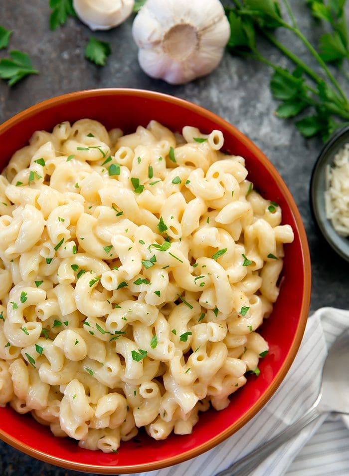 overhead photo of Instant Pot Garlic Parmesan Macaroni and Cheese