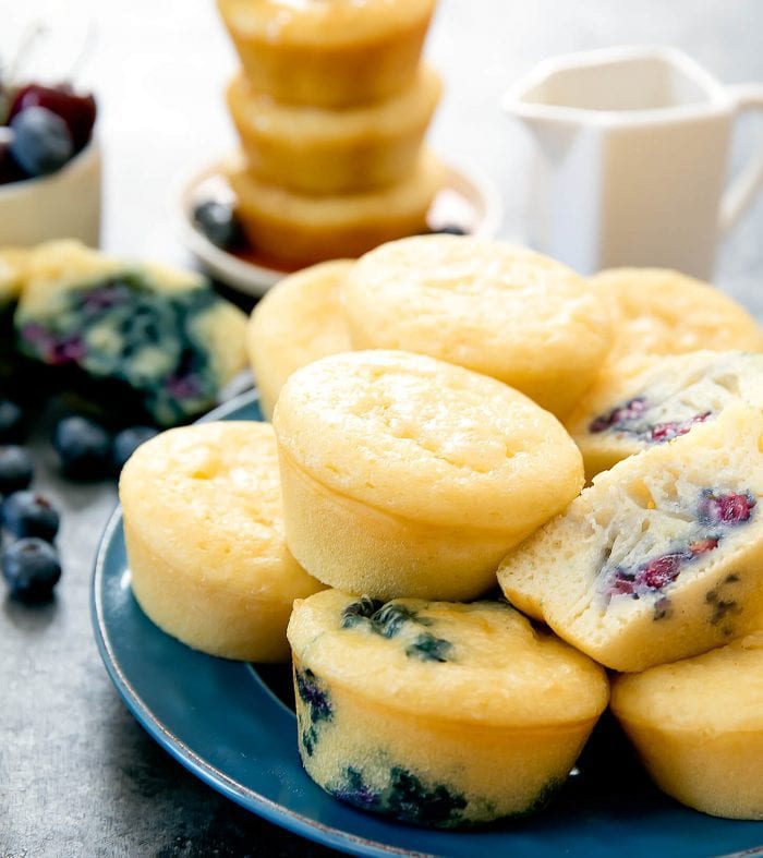 buttermilk pancake muffins on blue plate