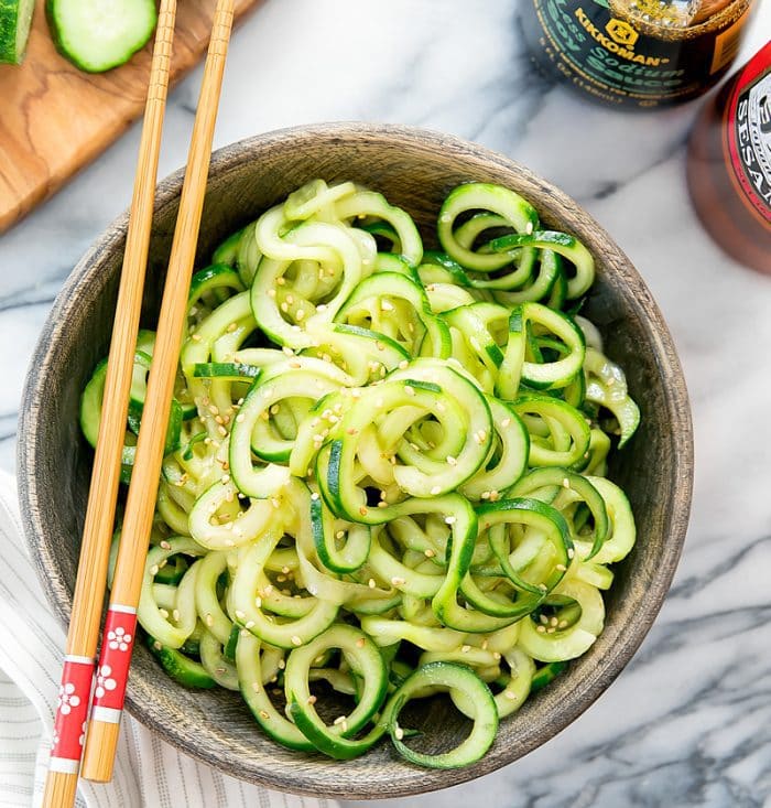 overhead photo of a bowl of Sesame Cucumber Noodles