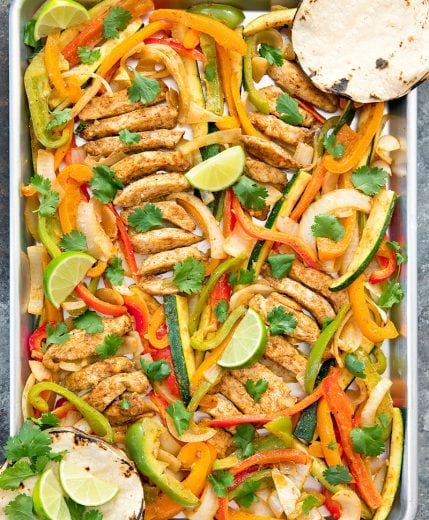 overhead photo of sheet pan chicken fajitas