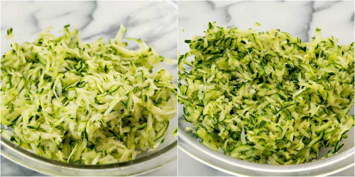 step by step photo showing how to shred the zucchini