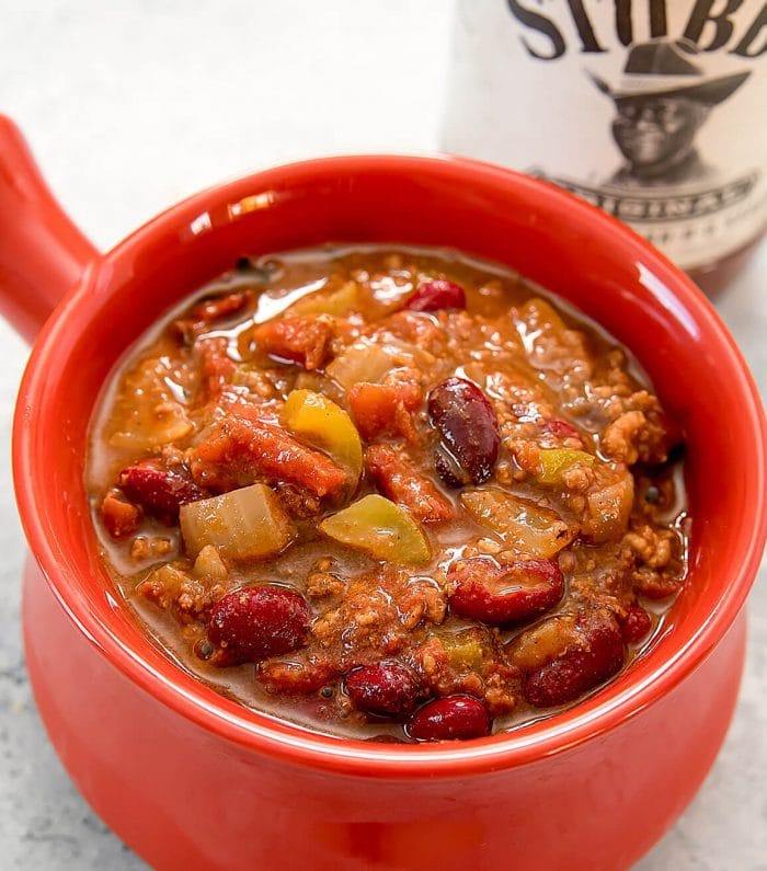 overhead photo of a bowl of chili