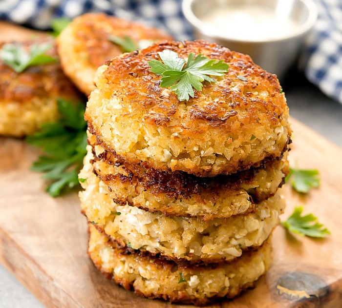 photo of a stack of cauliflower crab cakes
